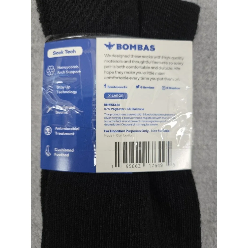BOMBAS Black Crew Socks Honeycomb Poly Blend Unisex XL Cushioned Comfort NEW
